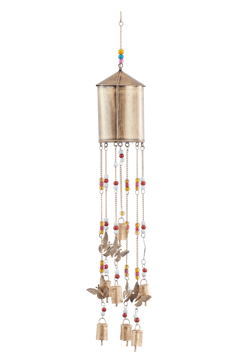 with Glass Beads and BellsWindchimeBronze Metal Indoor Outdoor Birdhouse Butterfly, Alternate, color, BRONZE