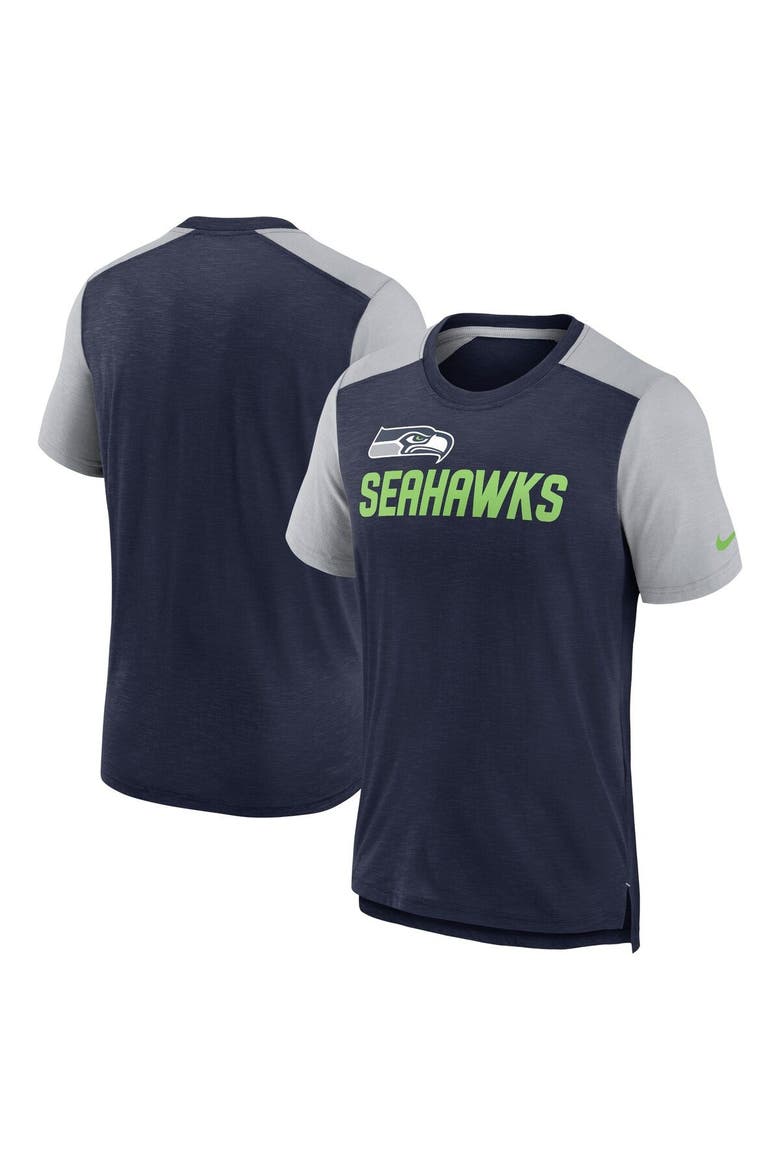 Men's Nike Heathered College Navy/Heathered Gray Seattle Seahawks Color Block Team Name T-Shirt, Alternate, color, Heather Navy