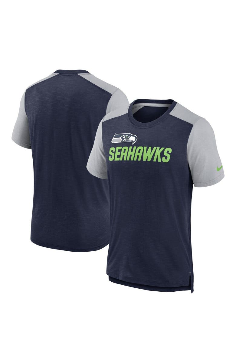 Nike Men's Nike Heathered College Navy/Heathered Gray Seattle Seahawks Color Block Team Name T-Shirt, Alternate, color, Heather Navy