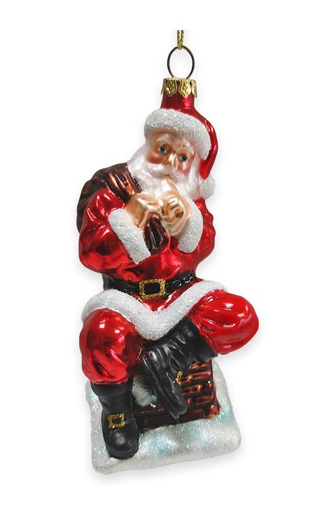 Santa Claus On Chimney Glass Ornament