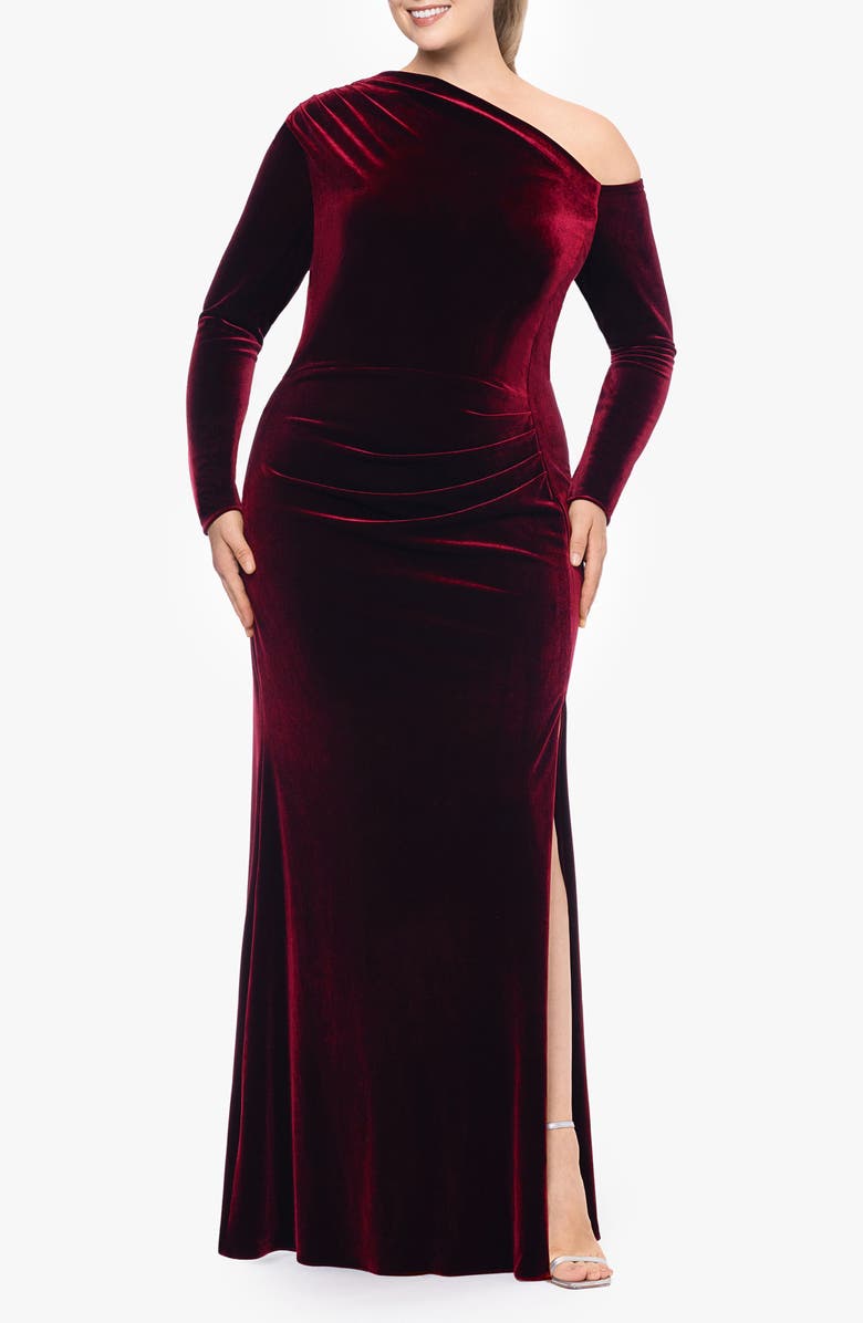 Betsy & Adam One-Shoulder Long Sleeve Velvet Mermaid Gown, Main, color, 