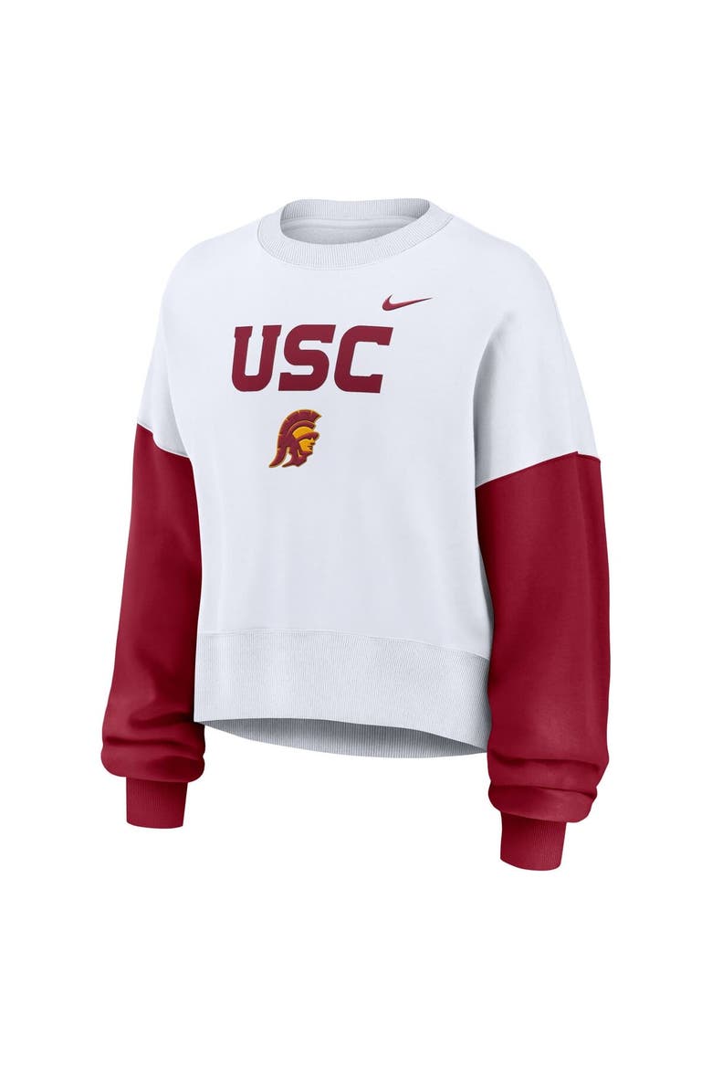 Women's Nike White USC Trojans Color-Block Oversized Cropped Pullover Sweatshirt, Alternate, color, White