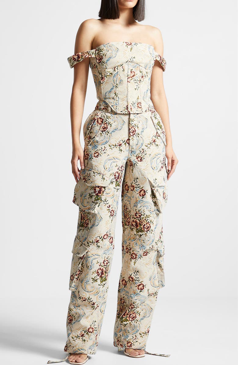 Manière De Voir Bonnie Floral Jacquard Bardot Corset Top, Alternate, color, Beige