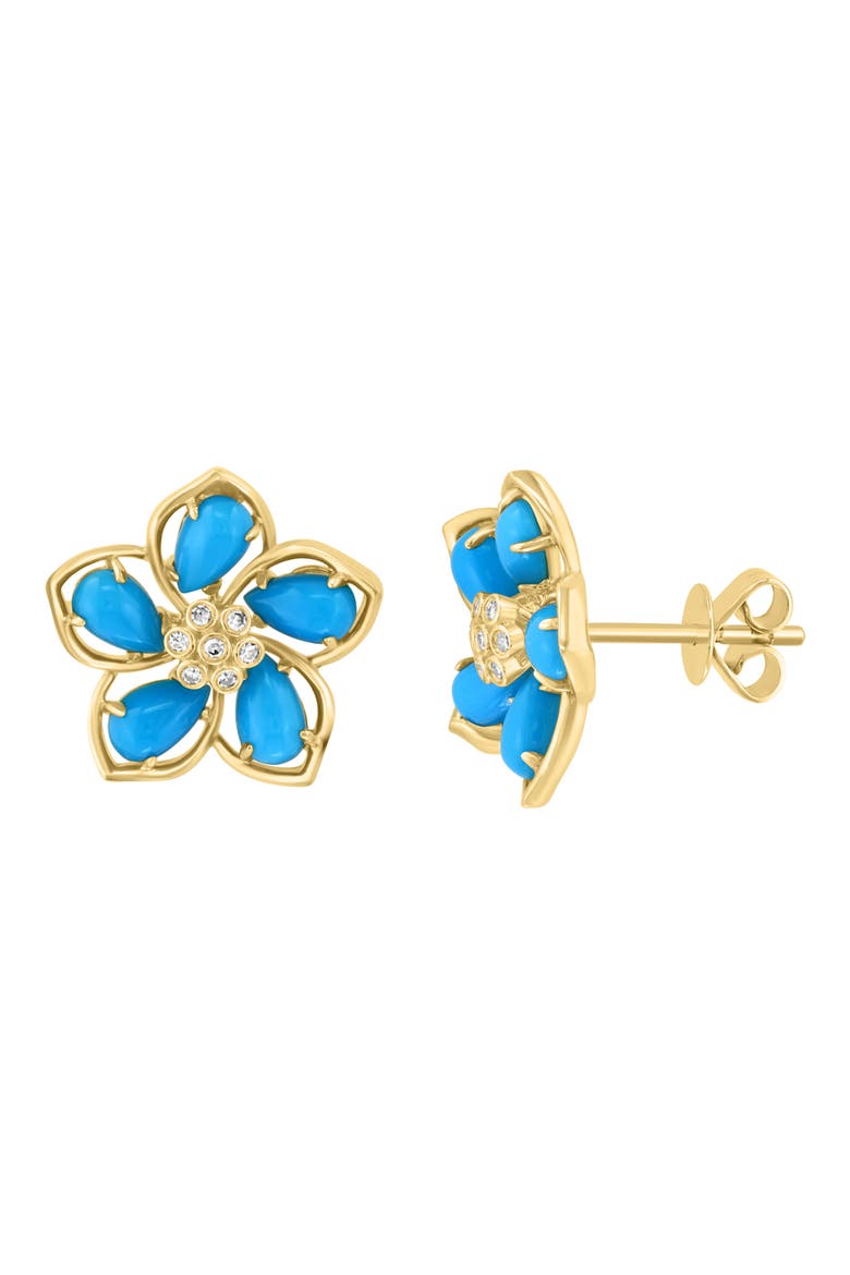 18k Gold Plated Sterling Silver Diamond Flower Stud Earrings, Main, color, BLUE