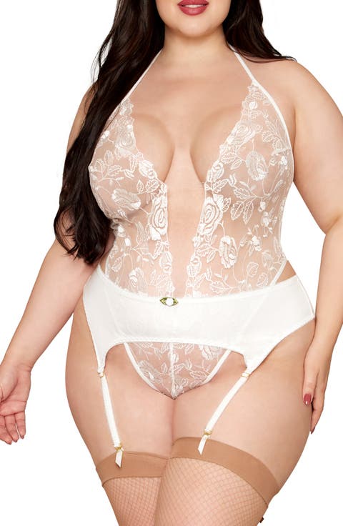 Floral Embroidered Sheer Teddy & Garter Belt Set (Plus)