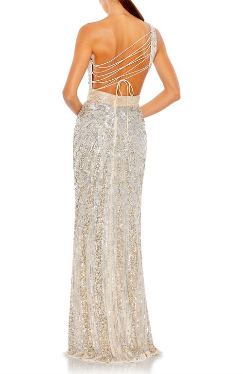 Mac Duggal Sequined One Shoulder Draped Lace Up Gown In Nude Silver