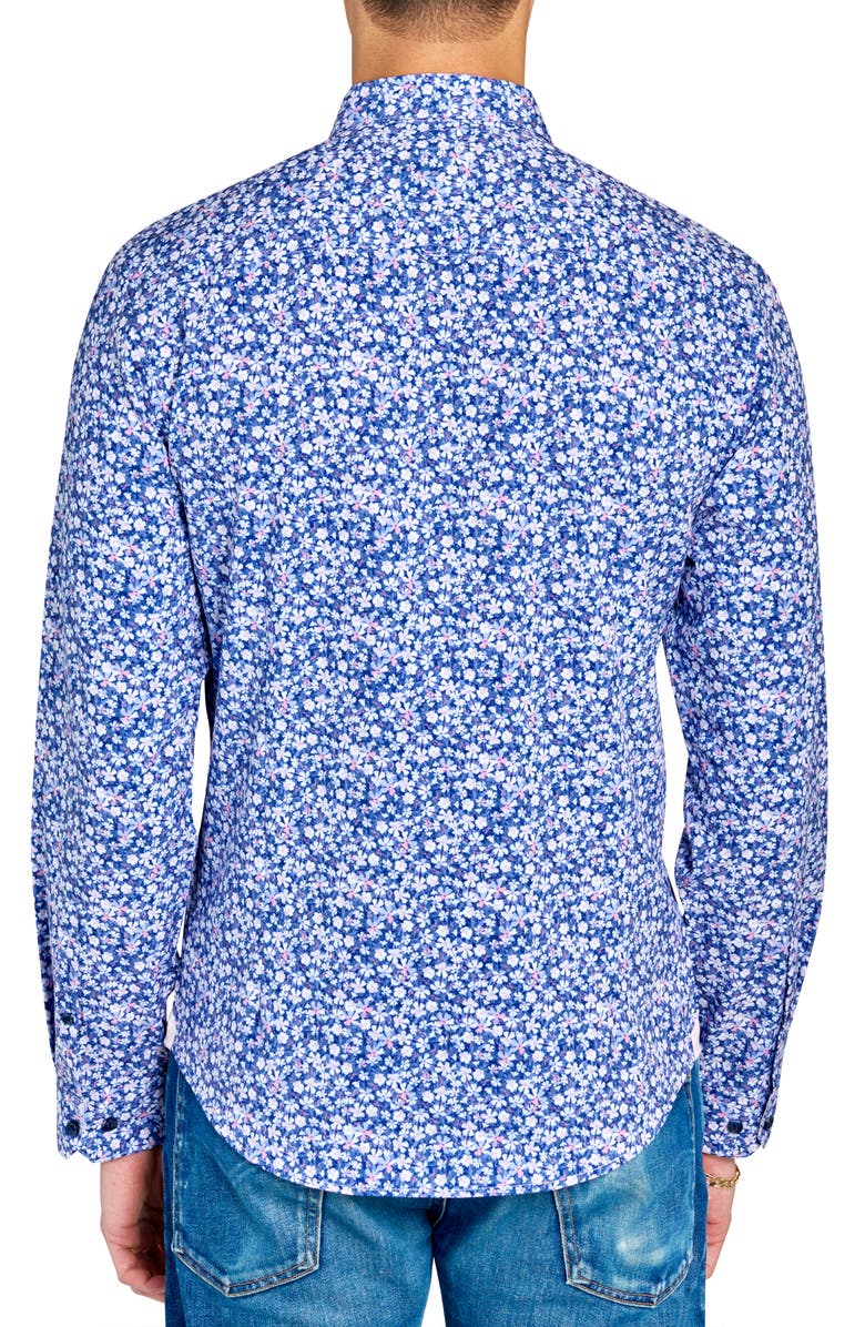 Brooklyn Brigade Slim Fit Mini Floral Recycled 4-Way Stretch Performance Long Sleeve Shirt, Alternate, color, White/Blue