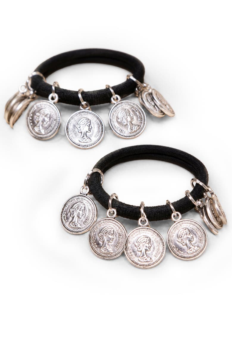 Silver Metal Coin Hair Ties - Set of 2, Main, color, Silver