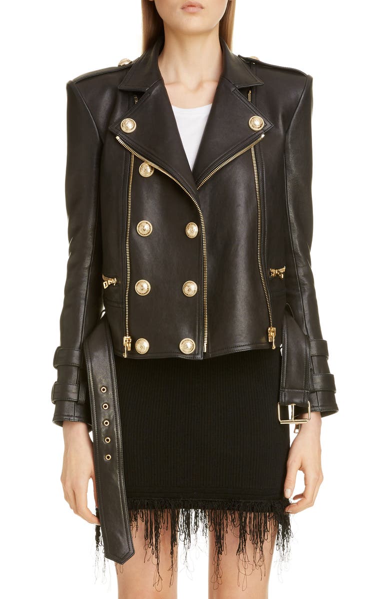 Balmain Lambskin Leather Moto Jacket, Main, color, 