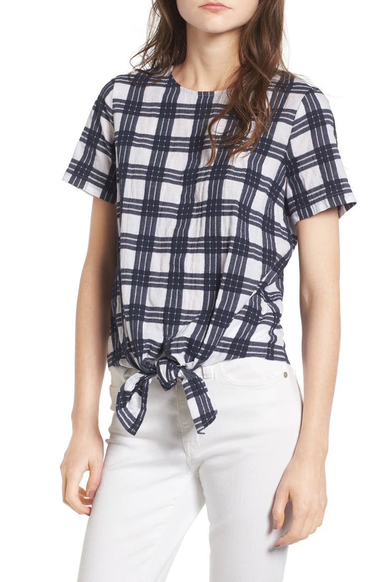 Plaid Tie Front Blouse, Main, color, TRANSATLANTIC BLUE