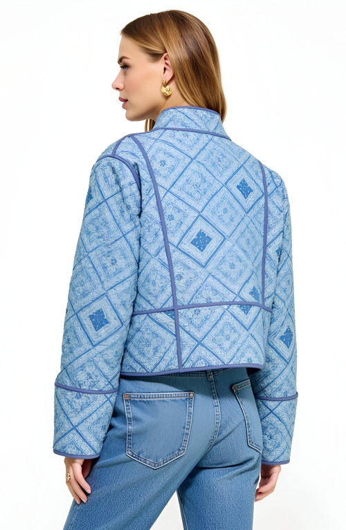Modenaire Diamond Pattern Quilted Jacket With Piped Trim And Open Front In Blue