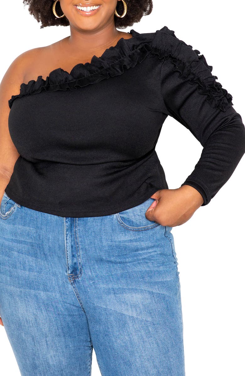 BUXOM COUTURE Cascade Ruffle One-Shoulder Rib Top, Main, color, Black