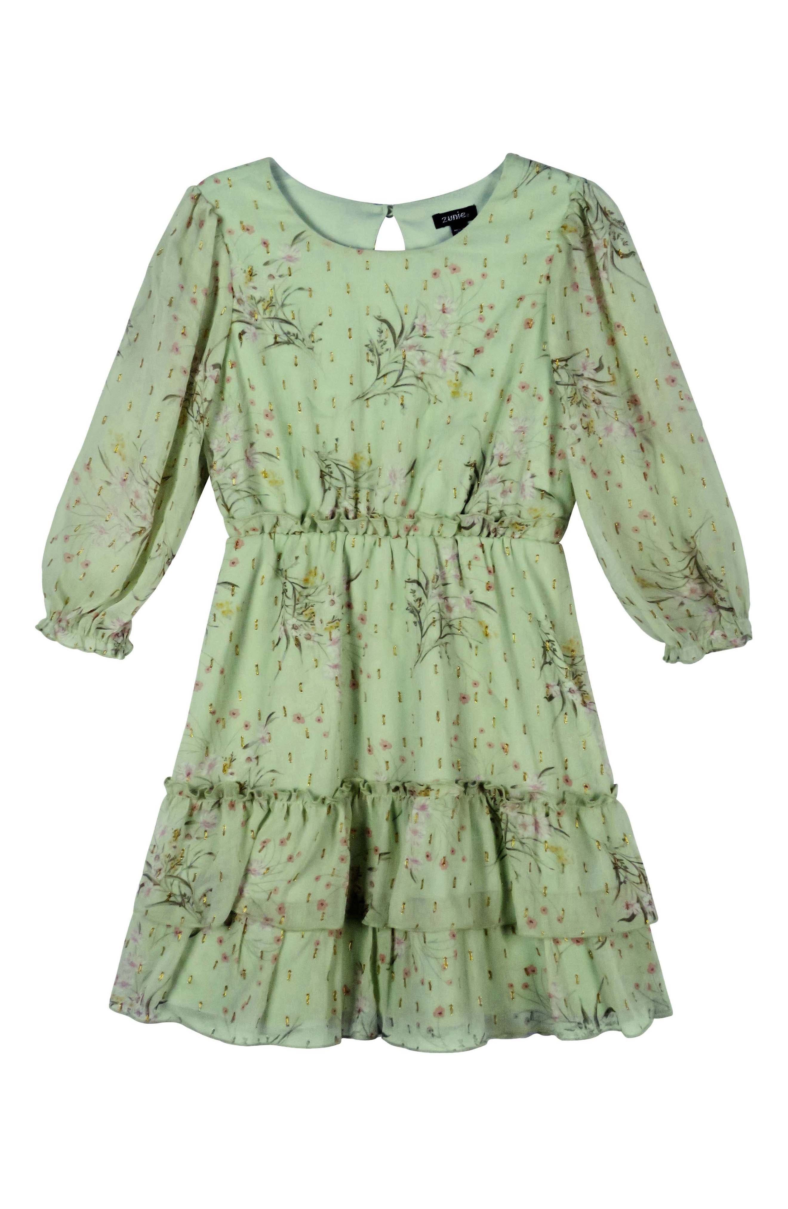 Zunie Kids' Metallic Double Ruffle Party Dress in Pistachio 
