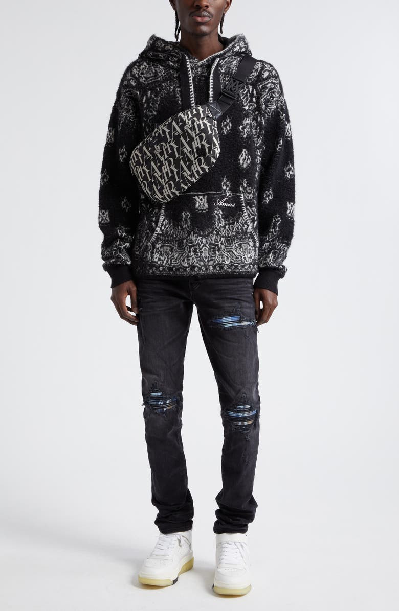 AMIRI Bandana Jacquard Hooded Alpaca, Mohair & Wool Blend Sweater, Alternate, color, Black