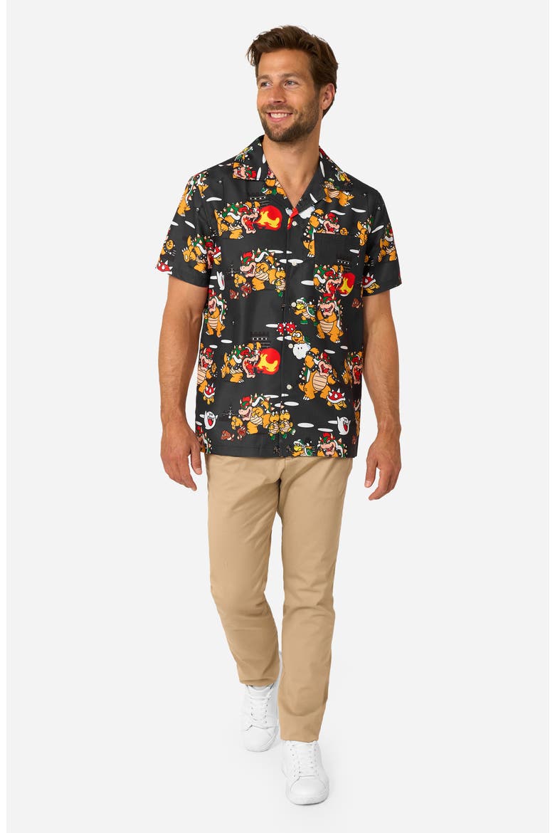 Bowser Mayhem Button Front Short Sleeve Shirt, Alternate, color, BLACK