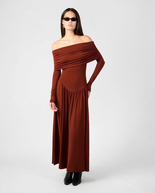 Weworewhat Off Shoulder Ruched Midi Dress In Brown