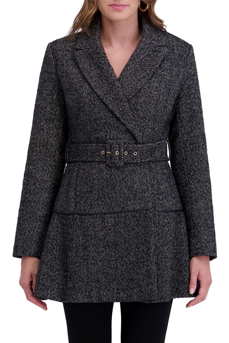 Herringbone Belted Flared Coat, Main, color, BLACK/ WHITE