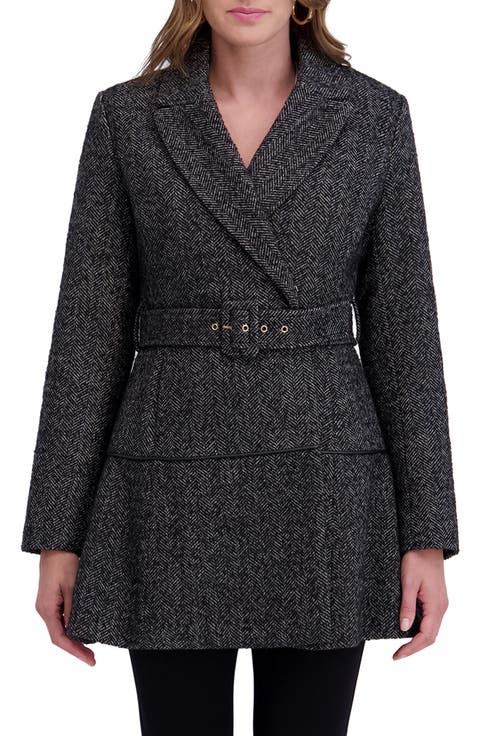 Herringbone Belted Flared Coat