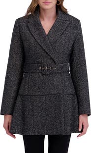 Kensie Herringbone Belted Flared Coat