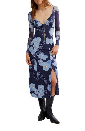 Free People Calla Floral Long Sleeve Knit Midi Dress in Sky Combo at Nordstrom Rack, Size Large