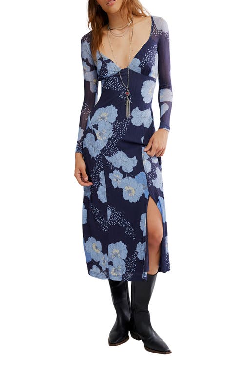 Free People Calla Floral Long Sleeve Knit Midi Dress In Blue