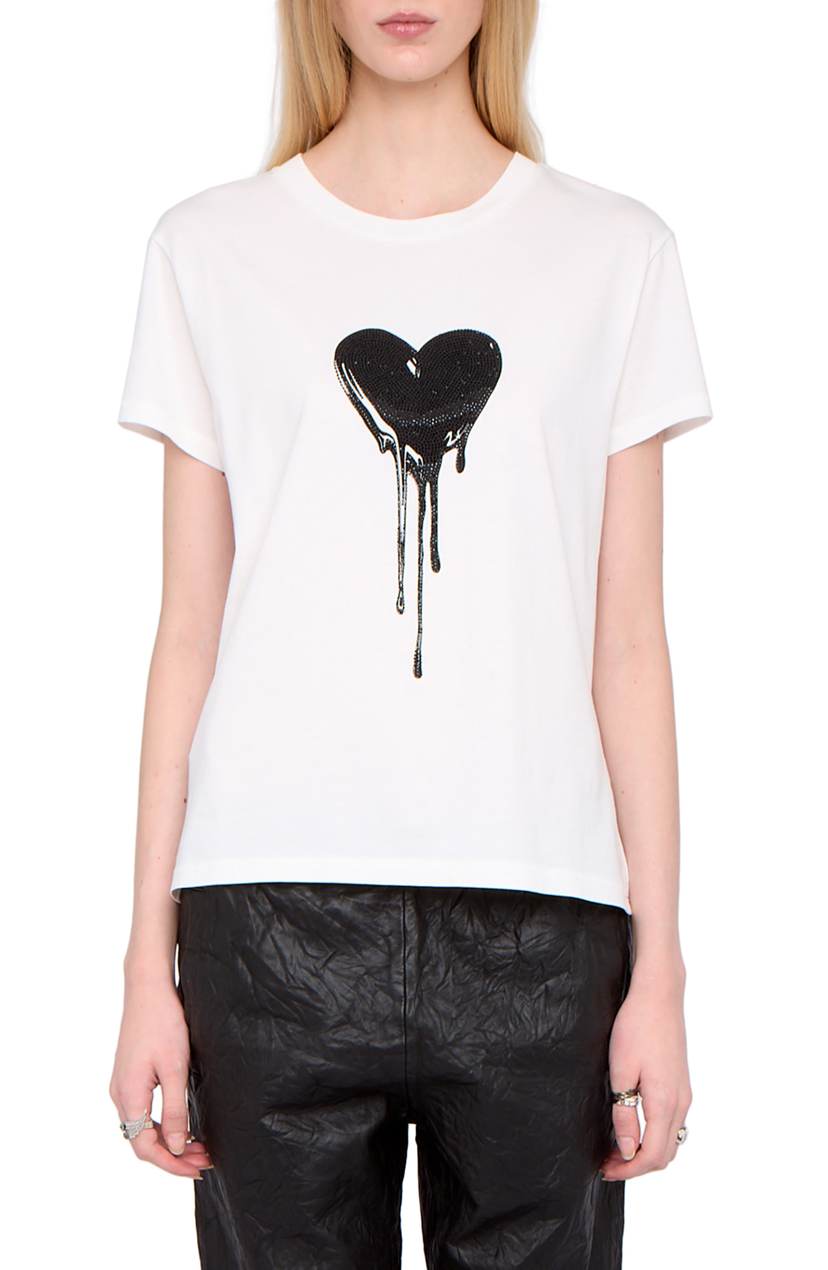 Walk Heart Embellished Keyhole Cotton Graphic T-Shirt (Women