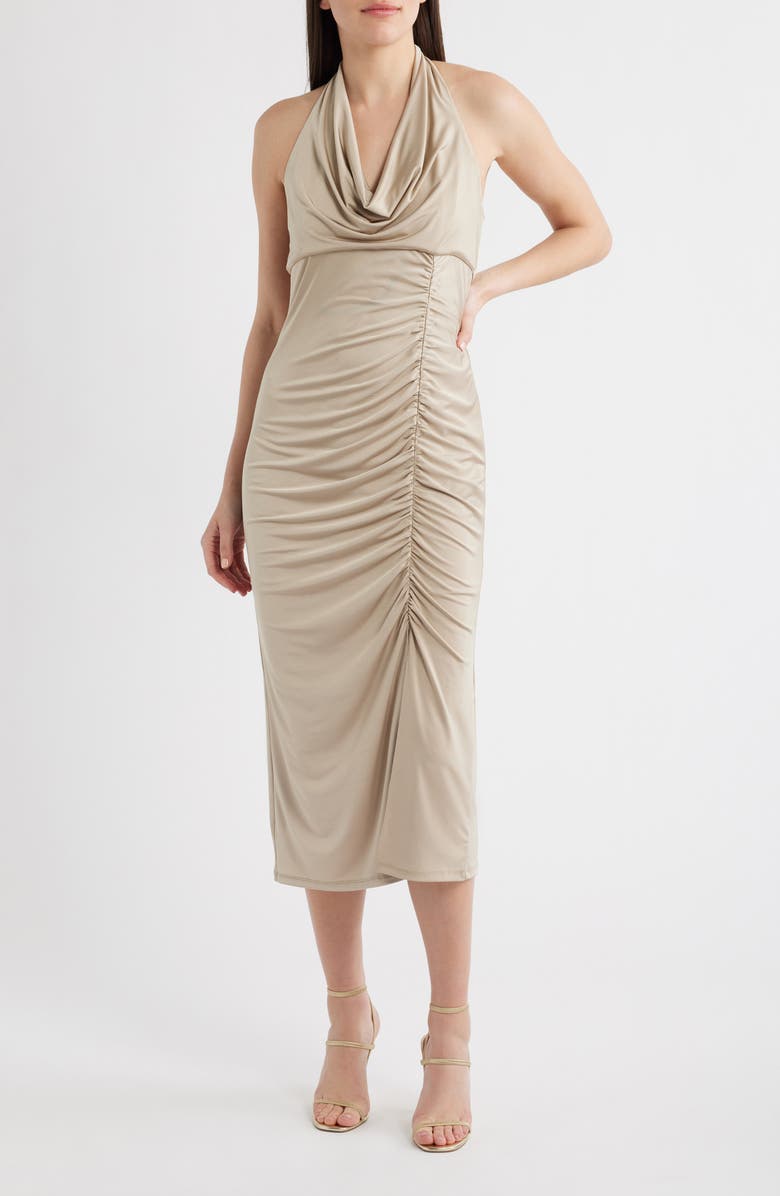 Julia Jordan Ruched Halter Neck Midi Dress, Main, color, Gold
