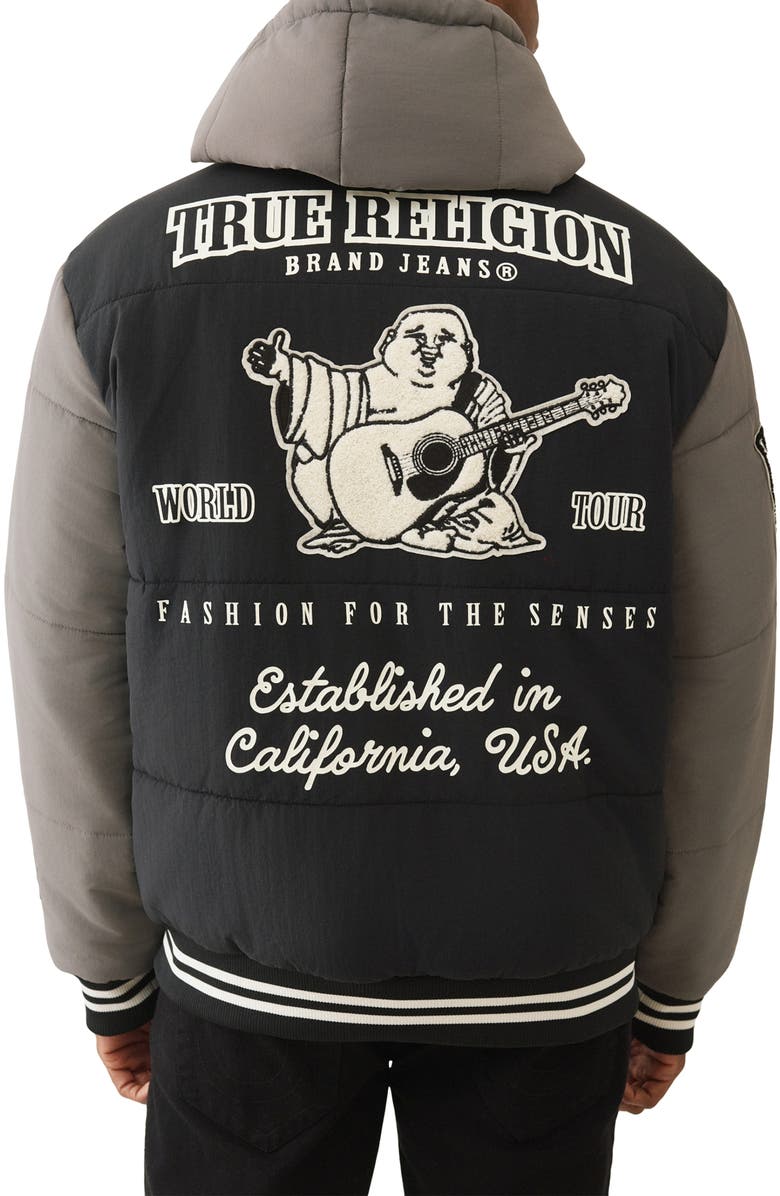 True Religion Varsity Hooded Puffer Jacket, Alternate, color, Jet Black / Granite Grey