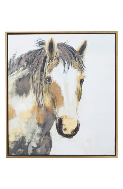 Brown Canvas Modern Farmhouse Horse Framed Wall Art with Goldtone Frame