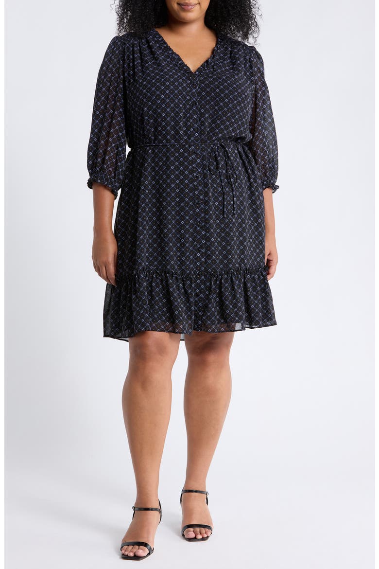 Ruffled V-Neck Mini Dress, Main, color, RICH BLACK