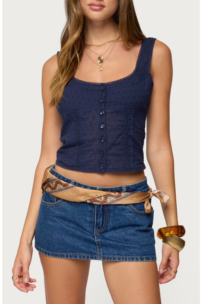 Embroidered Front Button Crop Tank, Main, color, NAVY