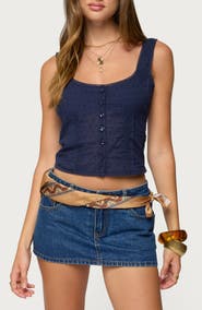 EDIKTED Embroidered Front Button Crop Tank