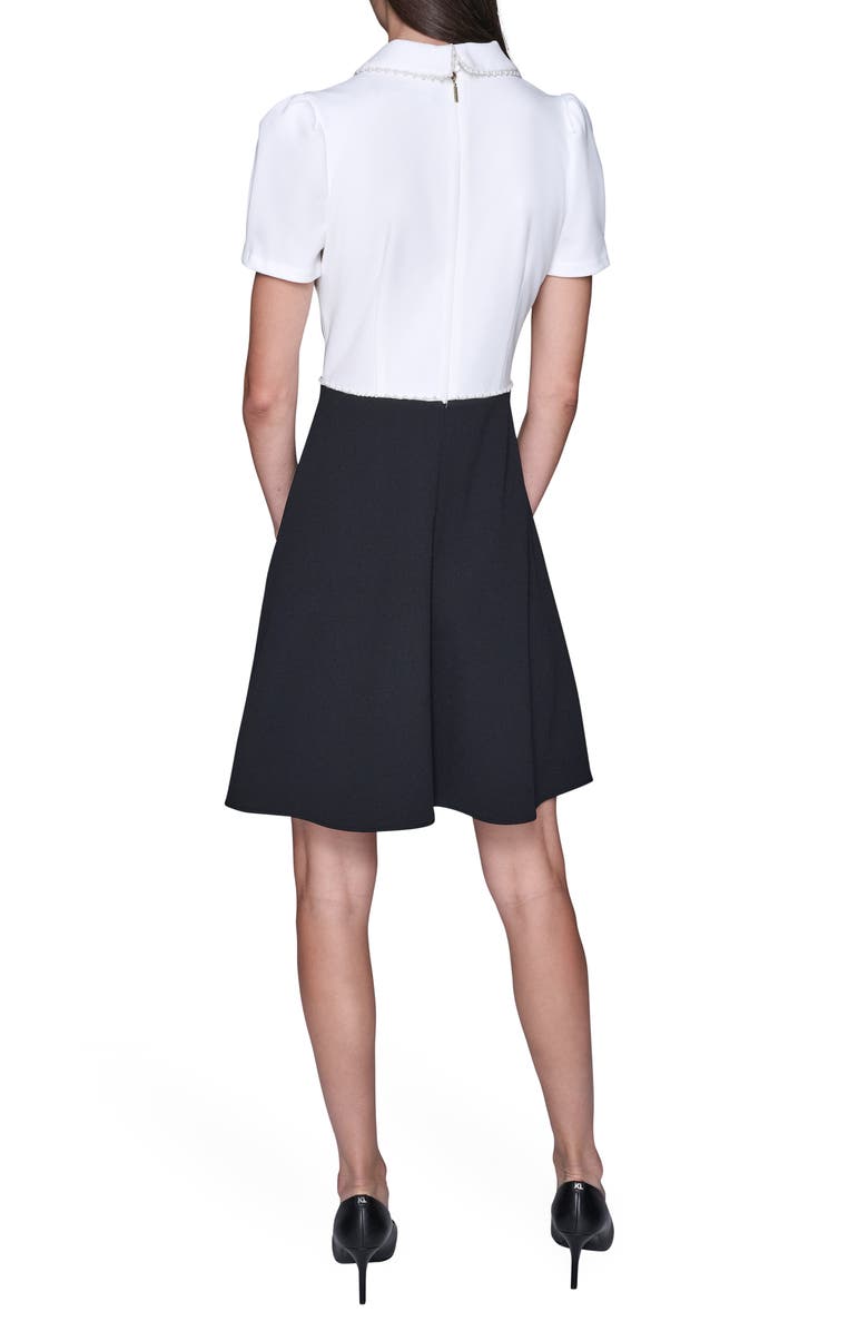 KARL LAGERFELD PARIS Faux Pearl Detail A-Line Dress, Alternate, color, Soft White/ Black
