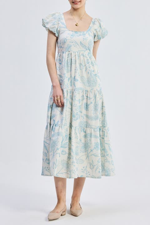 Puff Sleeve Tiered Maxi Dress in Blue Florals