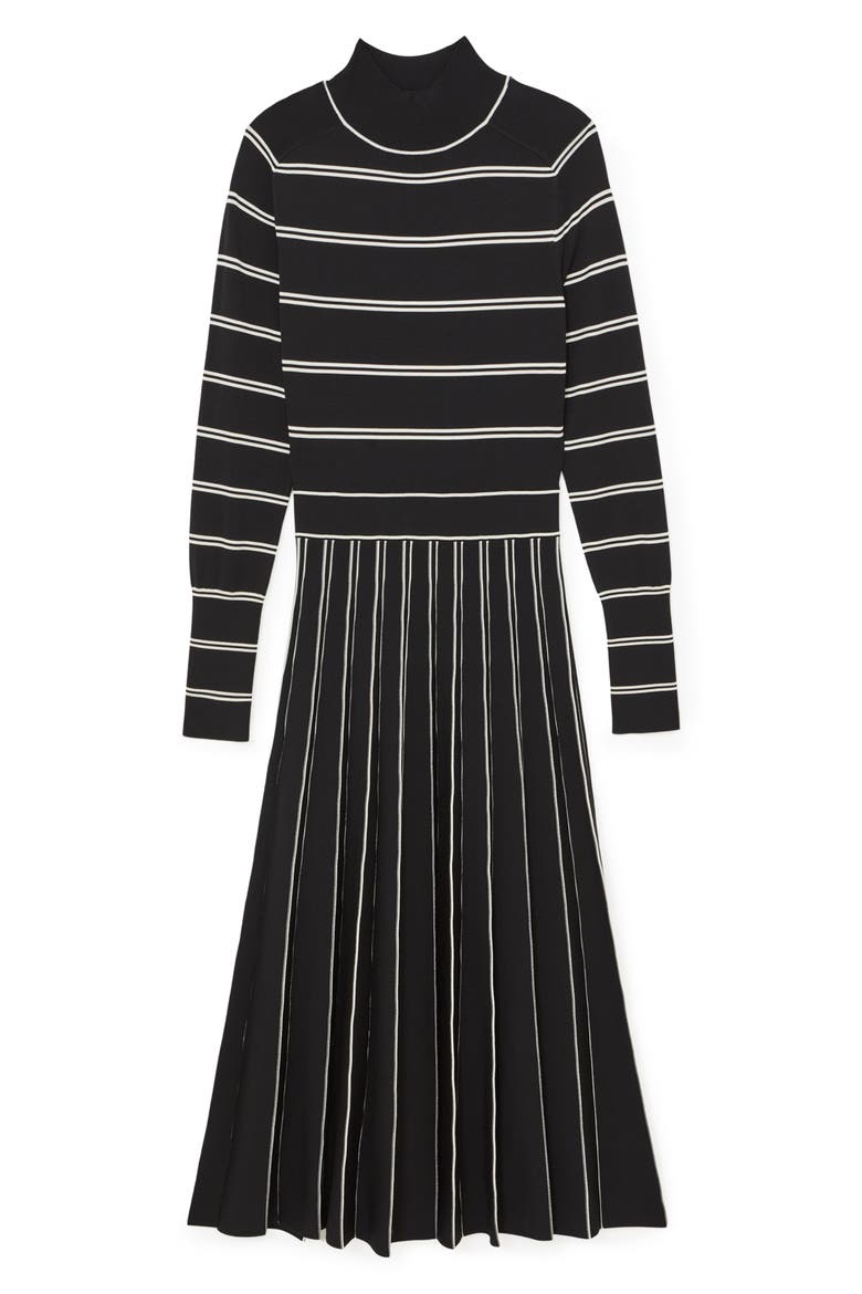 Amber Stripe Pleated Long Sleeve Midi Dress, Alternate, color, BLACK/ IVORY