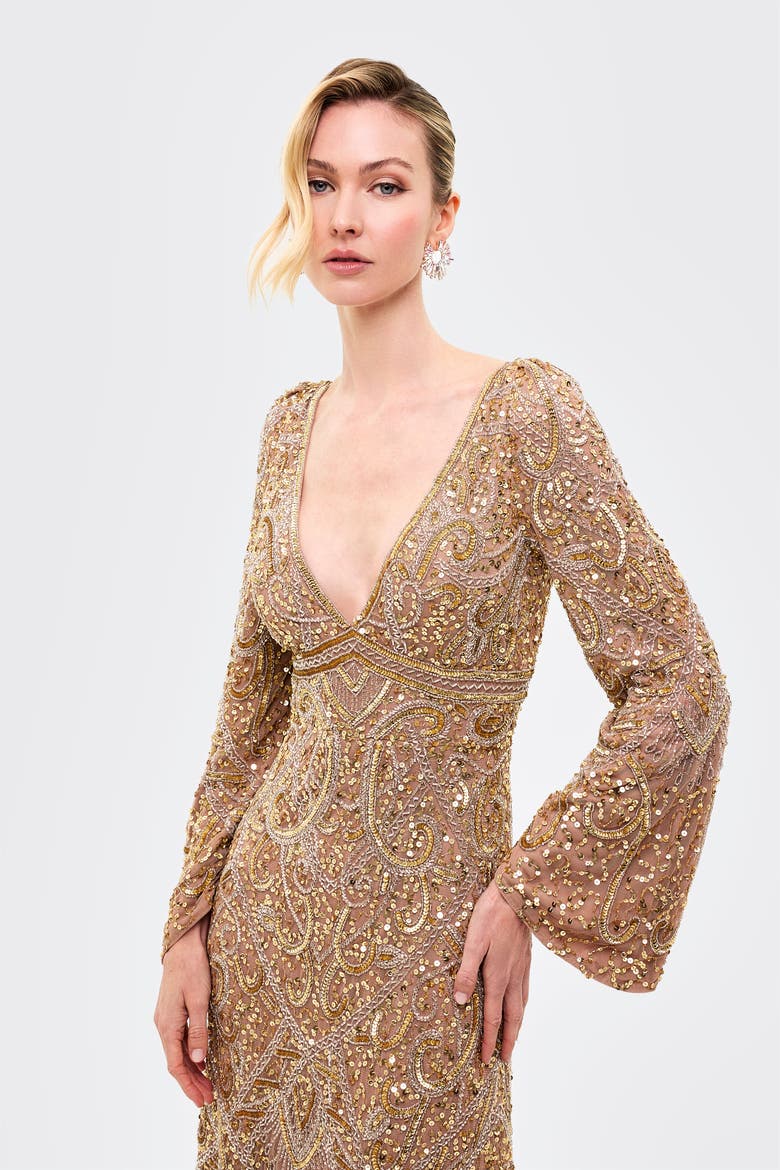 Embellished Sequin V-Neck Maxi Dress, Alternate, color, TAUPE BLUSH