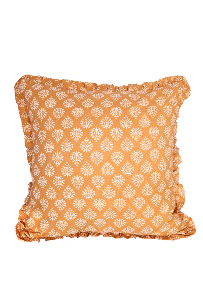 Block-Printed Pillow Cover with Ruffled Cotton and Hidden Zipper, Main, color, Marigold Honey