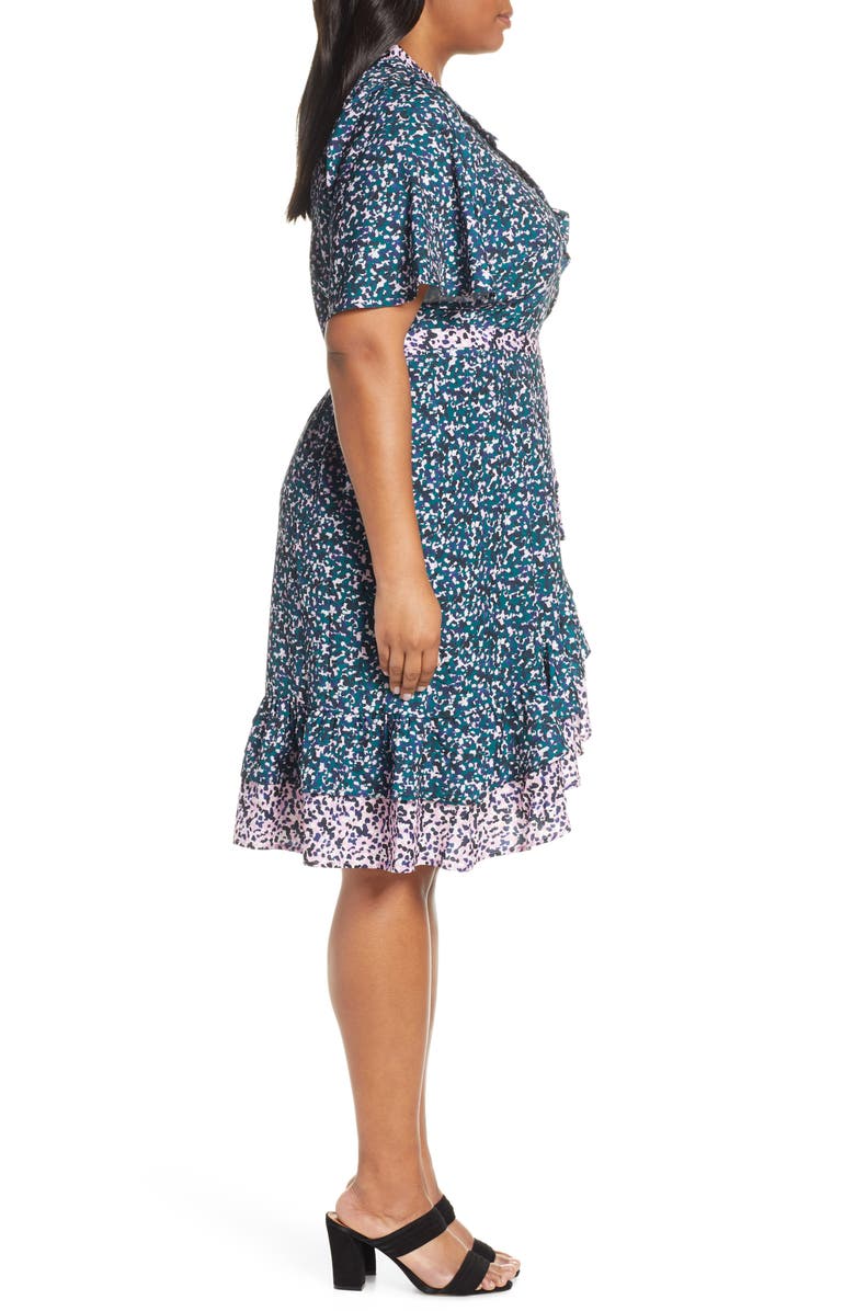 ELOQUII Contrast Ruffle Trim Wrap Dress, Alternate, color, 