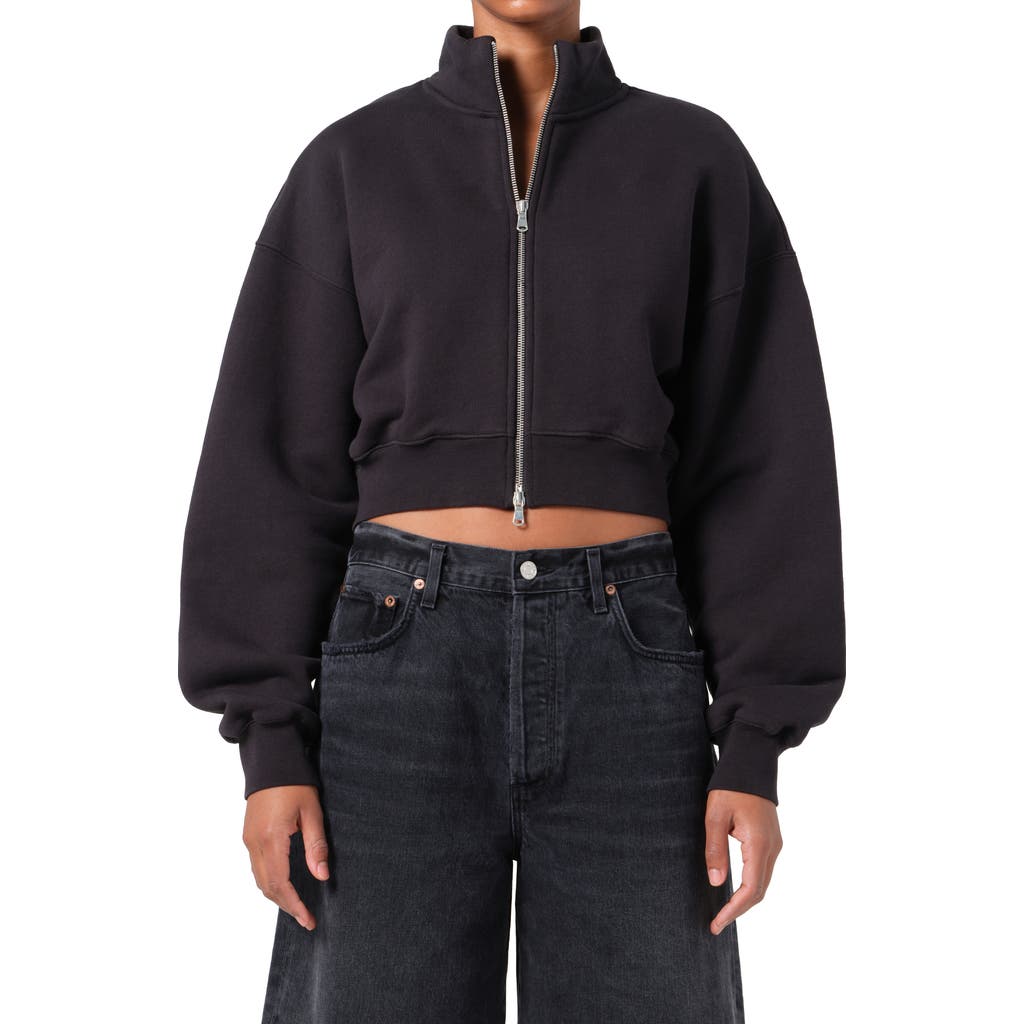 Agolde Asta Oversize Crop Zip Sweatshirt In Washed Blk (blk W/wsh Seams)