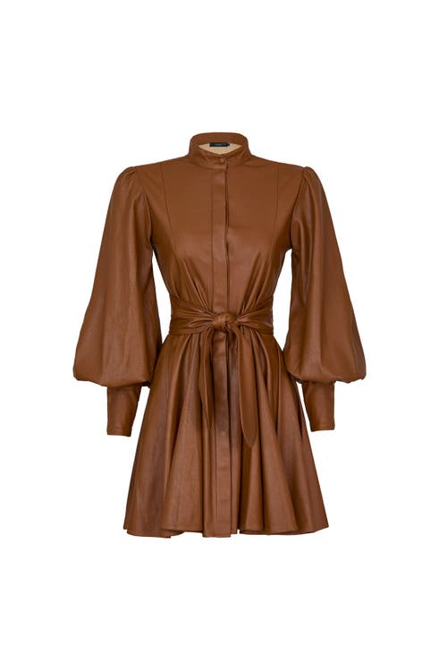 No Pise La Grama Hola Puff-sleeve Mini Dress In Camel Caramel In Burgundy