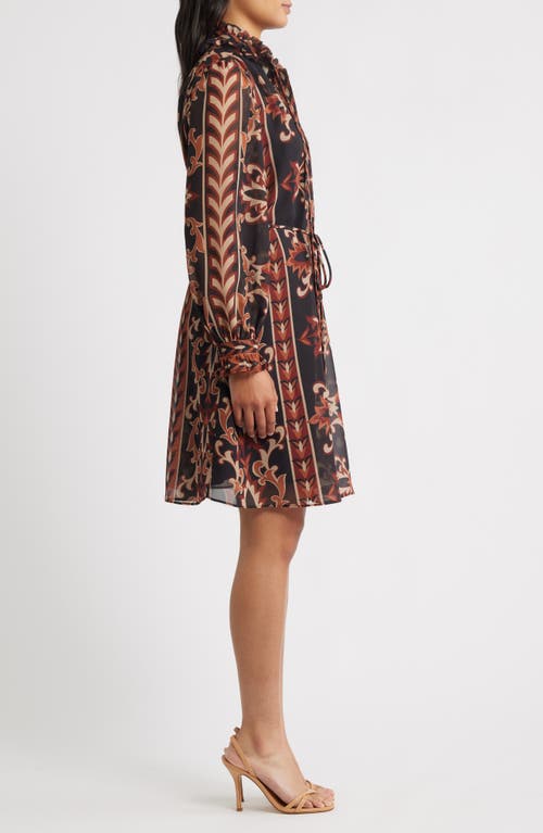 Julia Jordan Florentine Print Long Sleeve Tie Neck Shirtdress In Black