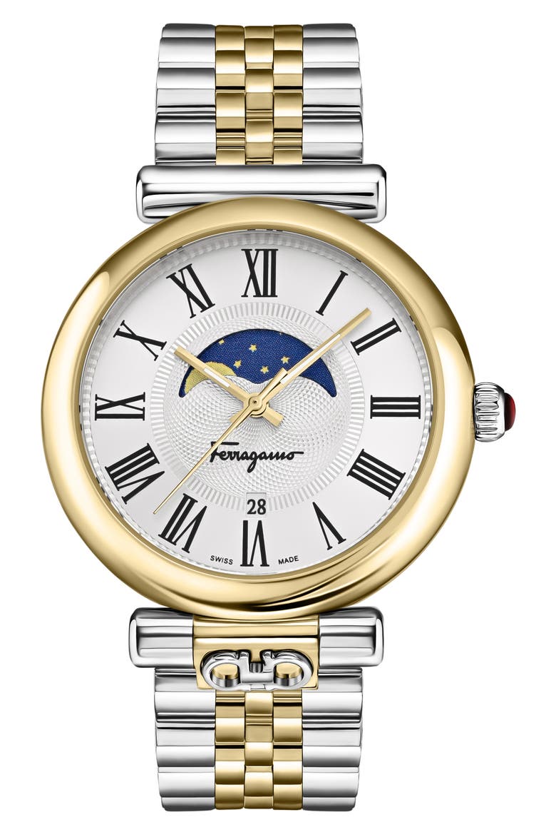 Ora Moonphase Two-Tone Bracelet Watch, 40mm, Main, color, WHITE/ TWO TONE
