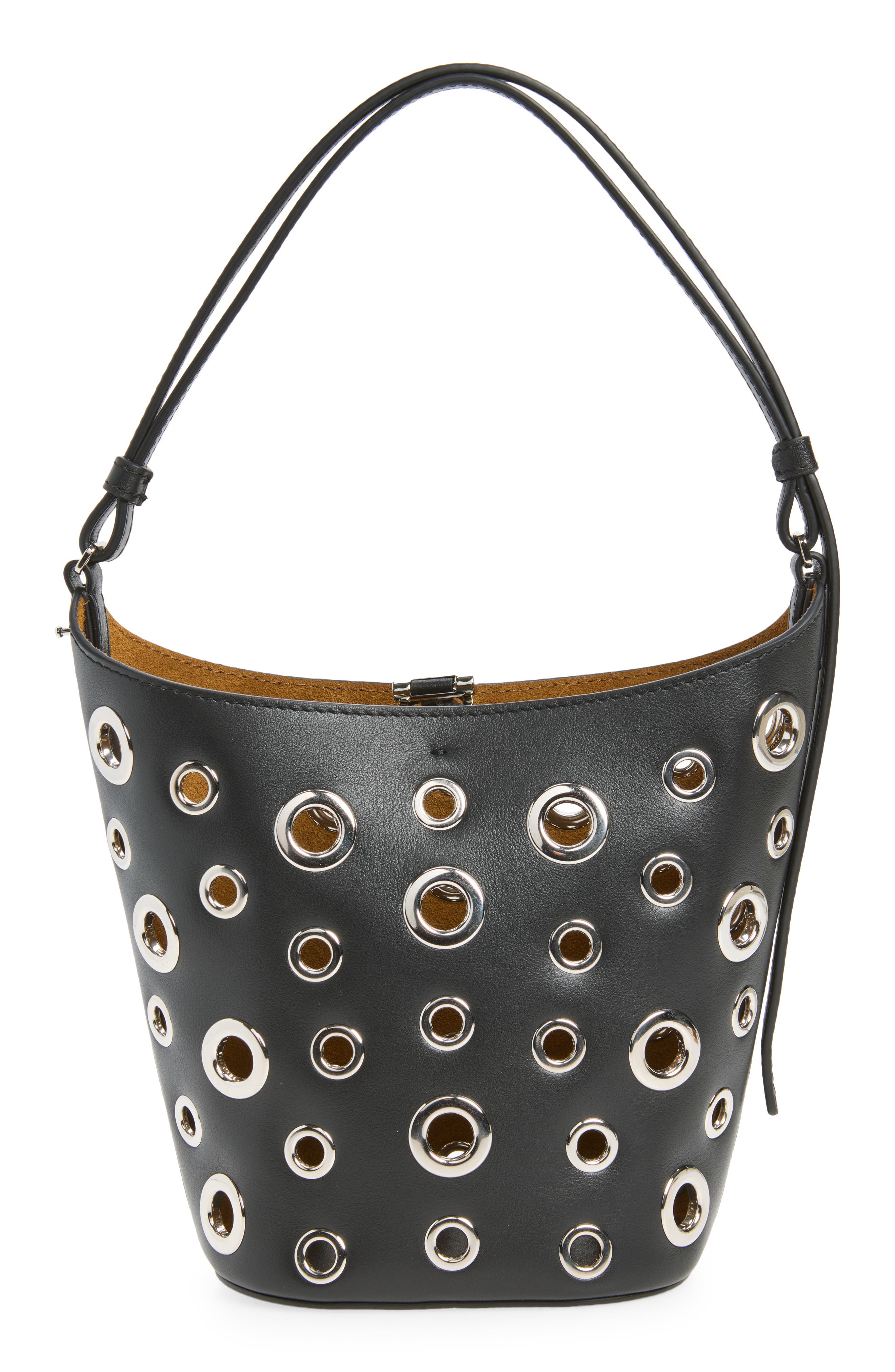 Striped Mini Bucket Bag, Main, color, BLACK