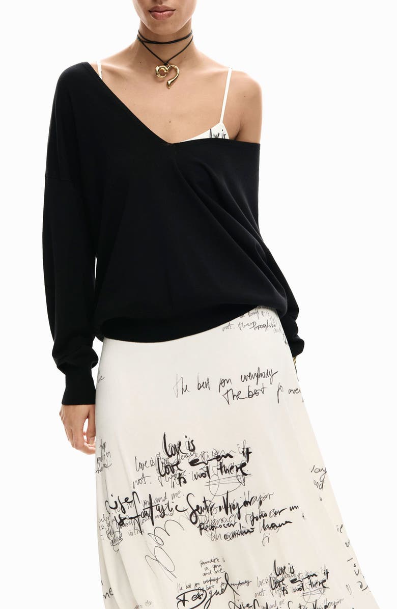 Desigual Printed Slipdress & One-Shoulder Sweater Set, Alternate, color, Light Beige