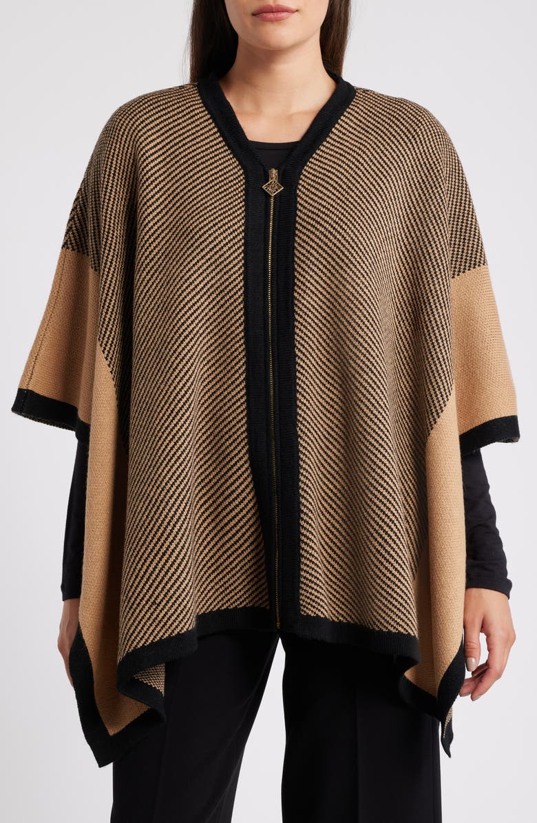 Anne Klein Faux Fur Collar Zip Poncho, Alternate, color, 