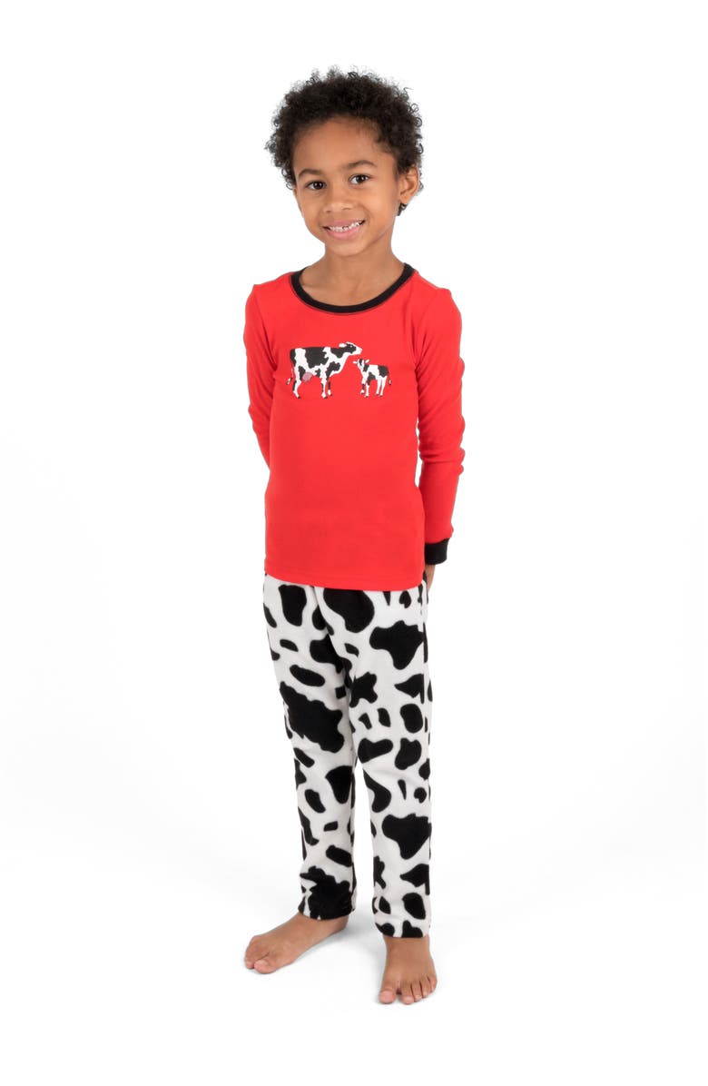 Leveret Kids Cotton Top & Fleece Pants Printed Matching Family Holiday Pajamas, Main, color, Cow