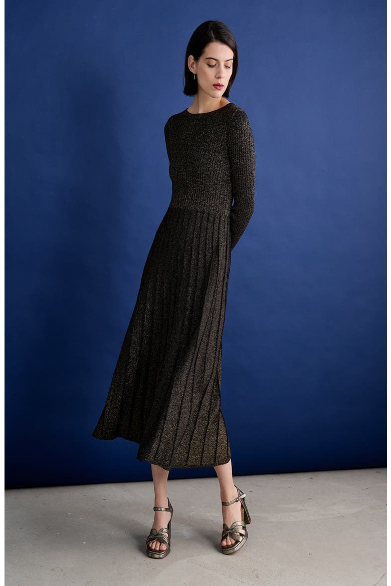 Metallic Long Sleeve Cotton Blend Sweater Dress, Alternate, color, ONYX/ GOLD