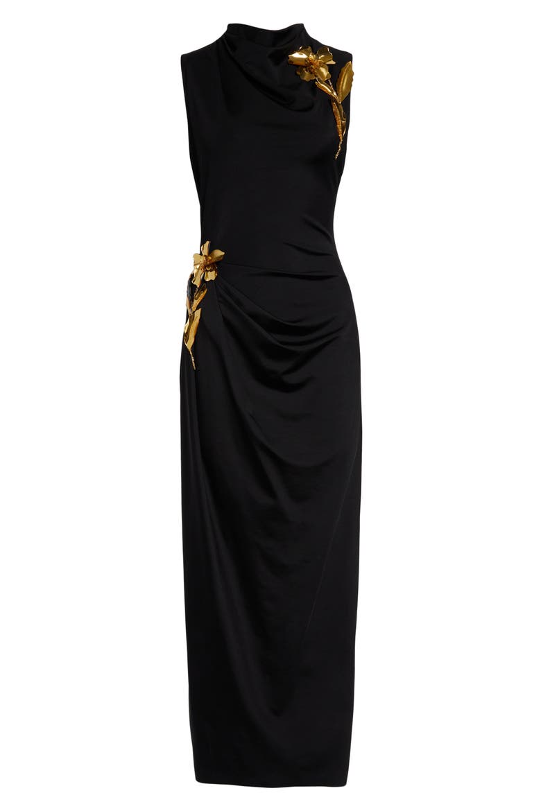 Metallic Embroidered Satin Midi Dress, Alternate, color, BLACK/ GOLD