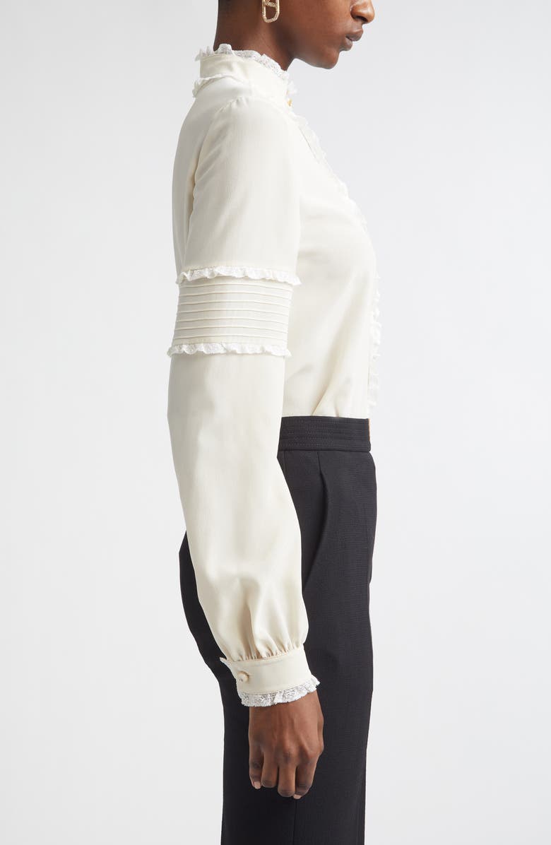 Valentino Lace Ruffle Silk Crêpe de Chine Button-Up Shirt, Alternate, color, Vanilla