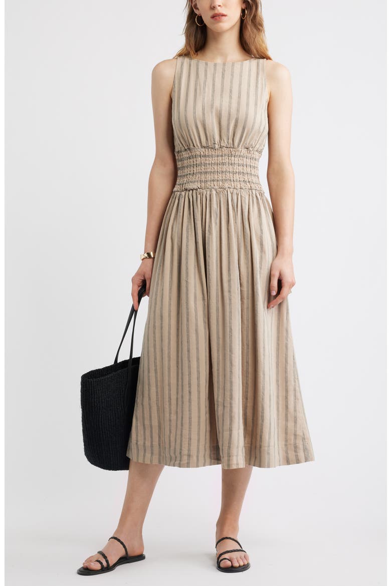 Smocked Waist Midi Dress, Alternate, color, TAN- BLACK SONJAY STRIPE